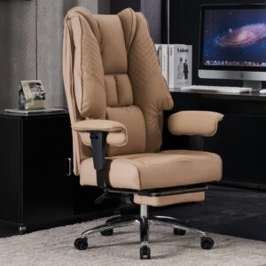 excebet big and tall office chair 400lbs wide seat, leather high back executive office chair with foot rest, ergonomic office chair lumbar support for lower back pain relief (brown)