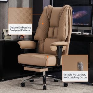 EXCEBET Big and Tall Office Chair 400lbs Wide Seat, Leather High Back Executive Office Chair with Foot Rest, Ergonomic Office Chair Lumbar Support for Lower Back Pain Relief (Brown)