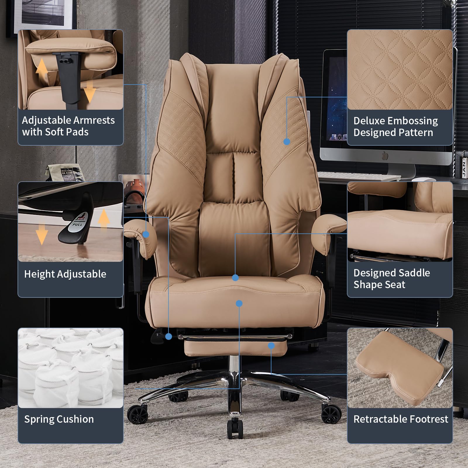 EXCEBET Big and Tall Office Chair 400lbs Wide Seat, Leather High Back Executive Office Chair with Foot Rest, Ergonomic Office Chair Lumbar Support for Lower Back Pain Relief (Brown)