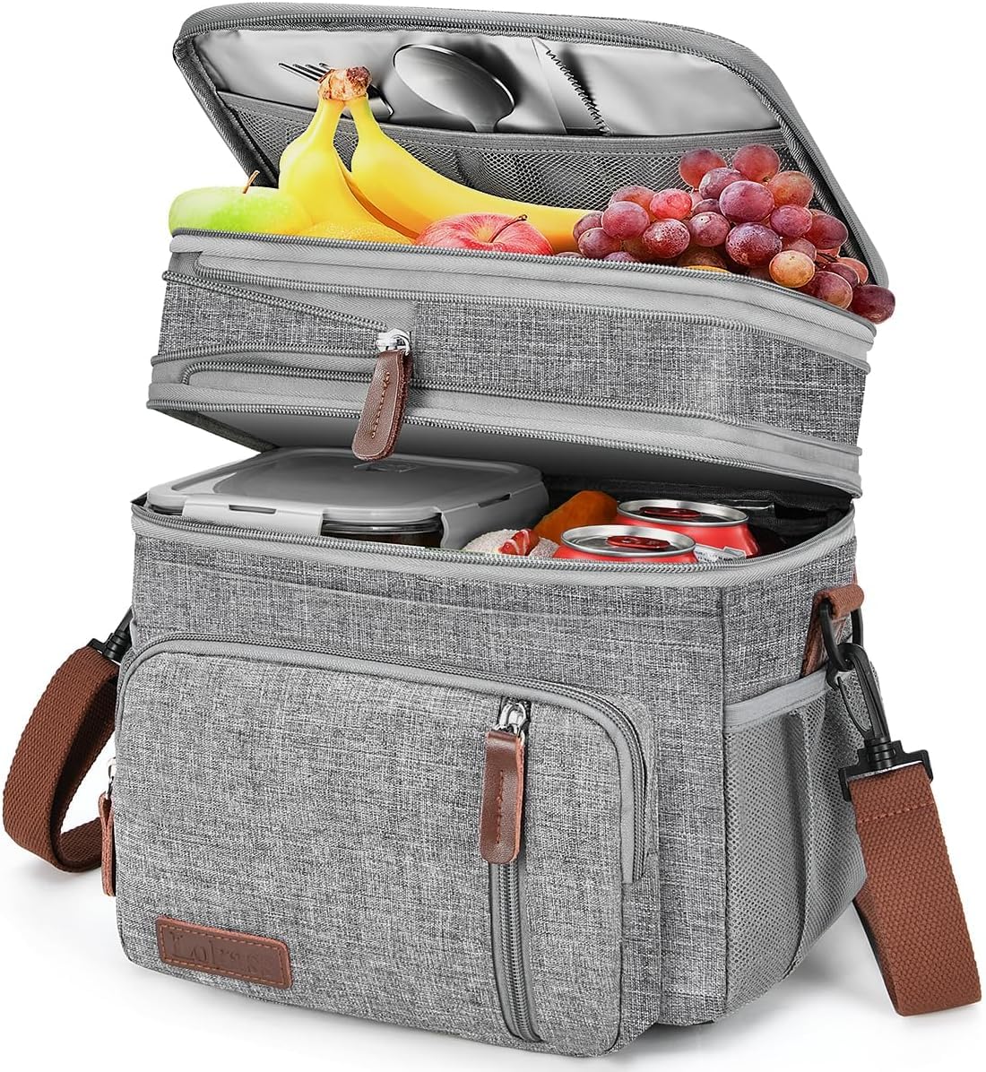 LOKASS Lunch Bag for Women/Men Work, 16L Expandable Double Deck Lunch box, Waterproof Leak-proof Cooler Bag, Portable Meal Prep Lunchbag with Adjustable Shoulder Strap-Grey