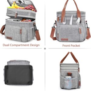 LOKASS Lunch Bag for Women/Men Work, 16L Expandable Double Deck Lunch box, Waterproof Leak-proof Cooler Bag, Portable Meal Prep Lunchbag with Adjustable Shoulder Strap-Grey