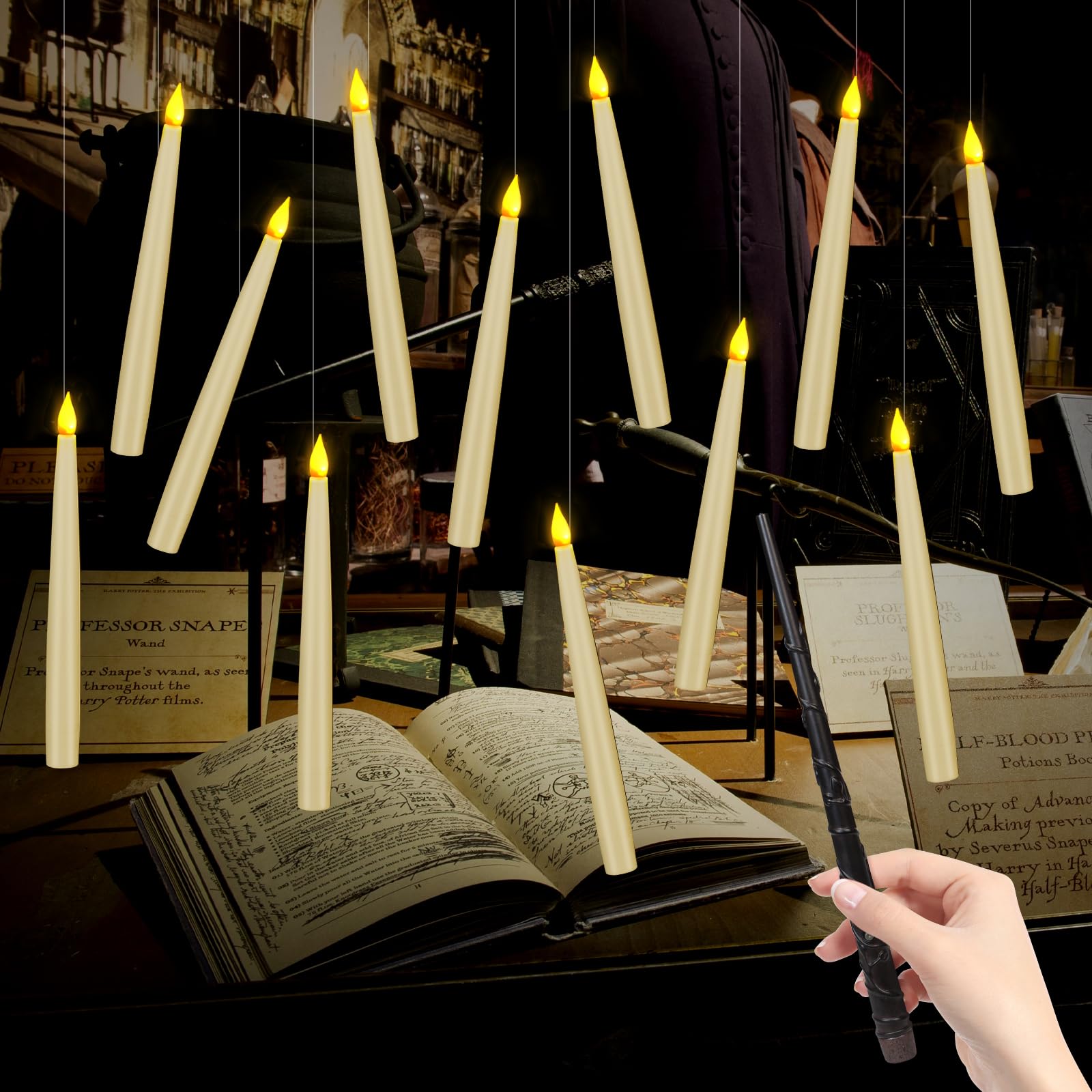 12 Home Decoration Floating Candles with Magic Wand Remote, Flameless Taper Ccandles Warm Light Flickering,Witch Wizard Hanging Candles Lights for Harry Potter Gift Birthday Party Home Room Decor