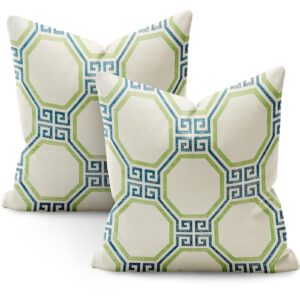 SMF Chinoiserie Pillow Covers 18x18 Set of 2,Greek Key Green Pillow Cover Abstract Stripes Linen Throw Pillow Cover Outdoor Pillows Cases Suitable for Couch Pillows Living Room Bedroom