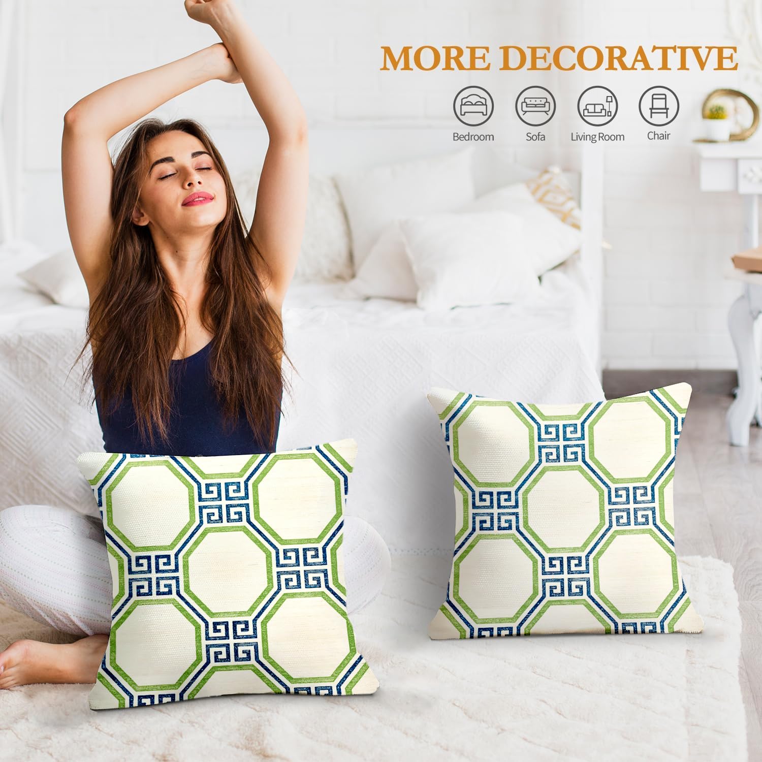 SMF Chinoiserie Pillow Covers 18x18 Set of 2,Greek Key Green Pillow Cover Abstract Stripes Linen Throw Pillow Cover Outdoor Pillows Cases Suitable for Couch Pillows Living Room Bedroom