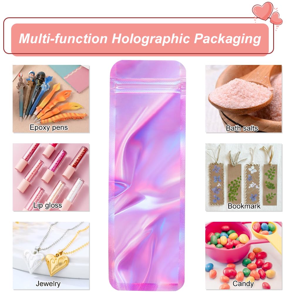 HRX Package 100pcs Pink Holographic Bags Packaging 2.4x7 inch, Resealable Bags Foil Ziplock Pouch Smell Proof Baggies for Lip Gloss, Eyeliner Pens, Jewelry, Candy