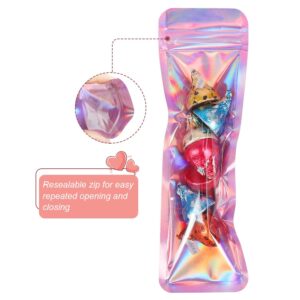 HRX Package 100pcs Pink Holographic Bags Packaging 2.4x7 inch, Resealable Bags Foil Ziplock Pouch Smell Proof Baggies for Lip Gloss, Eyeliner Pens, Jewelry, Candy