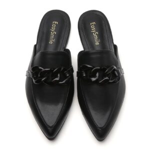 EasySmile Metal Chain Decor Flat Mules for Women Closed Pointed Toe Slip on Loafers Slides Backless Mules Shoes