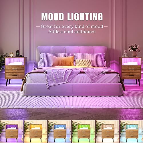 FREDEES Night Stand with Charging Station (Wireless/USB/Type-C) and LED Lights, Smart Side Table, Nightstand Wood with Drawers, Bedside Table for Bedroom Living Room (Brown)