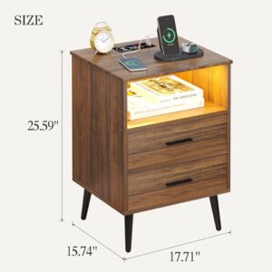 FREDEES Night Stand with Charging Station (Wireless/USB/Type-C) and LED Lights, Smart Side Table, Nightstand Wood with Drawers, Bedside Table for Bedroom Living Room (Brown)