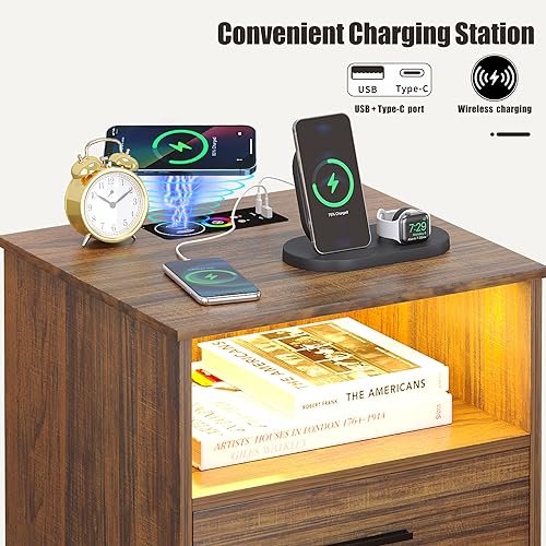 FREDEES Night Stand with Charging Station (Wireless/USB/Type-C) and LED Lights, Smart Side Table, Nightstand Wood with Drawers, Bedside Table for Bedroom Living Room (Brown)