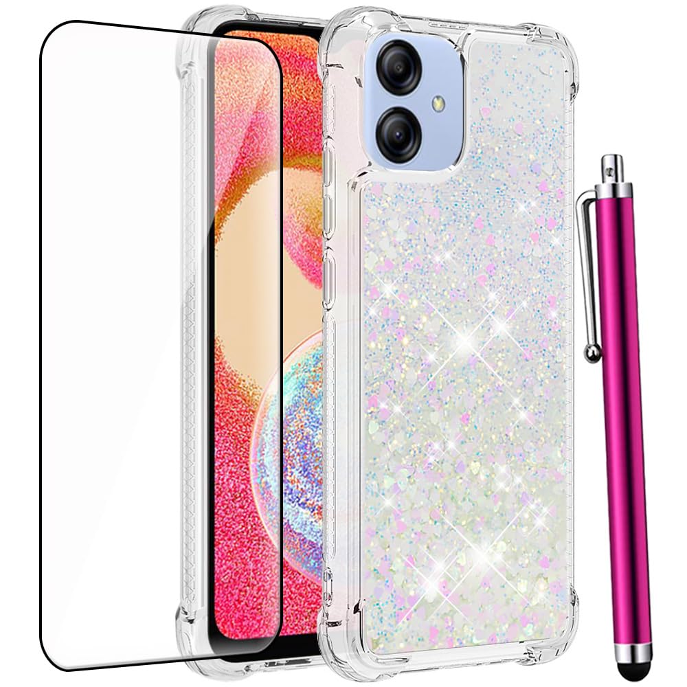 CAIYUNL for Samsung Galaxy A04E Phone Case with Screen Protector, Women Girls Glitter Bling Floating Liquid Cute Soft TPU Silicone Shockproof Protective Cover for Samsung Galaxy A04E Case -Sliver Pink