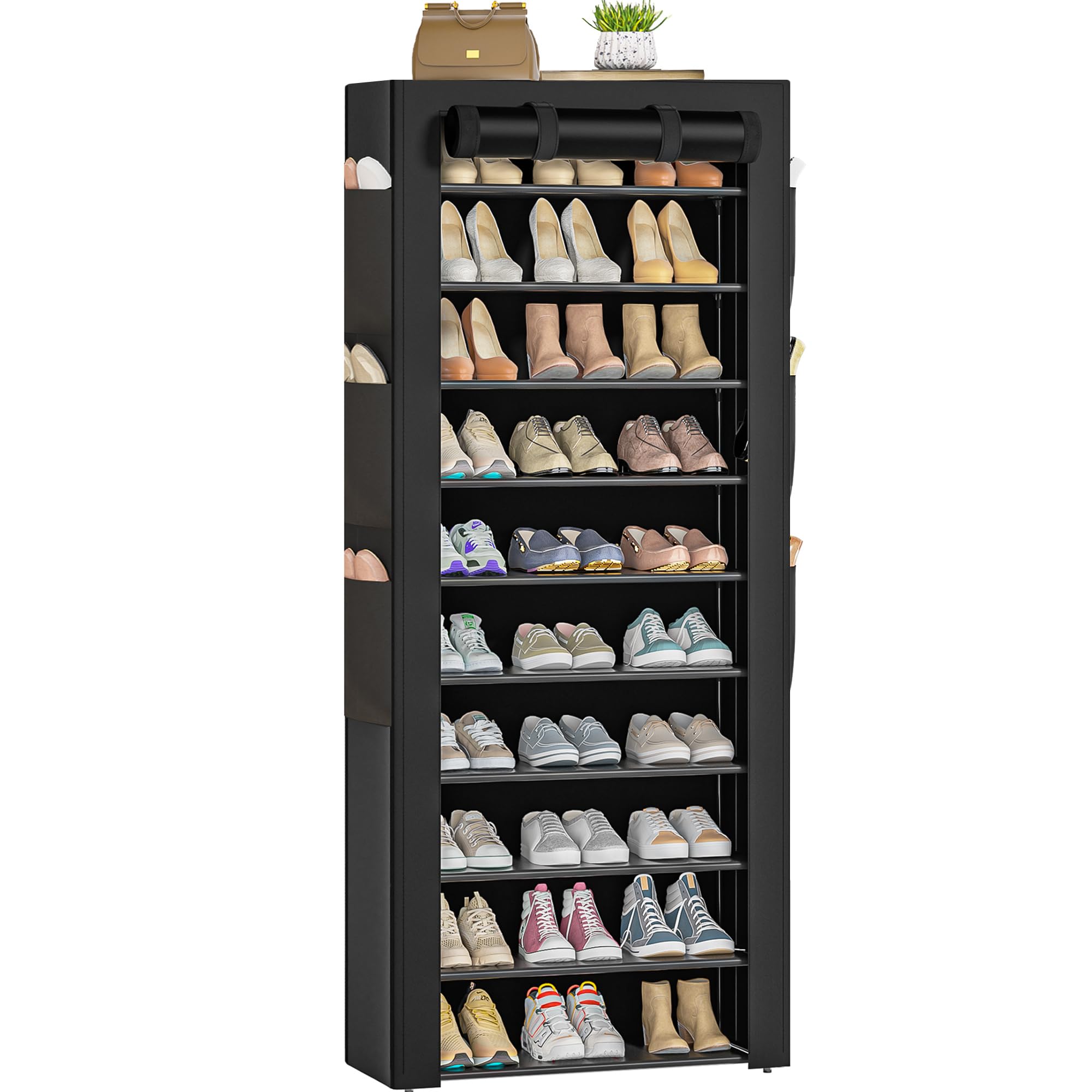 OYREL Large Shoe Rack, Black, 6 Side Pockets, 23.6" Wide x 11.4" Deep x 68.9" Tall, 36-41 Pairs of Shoes