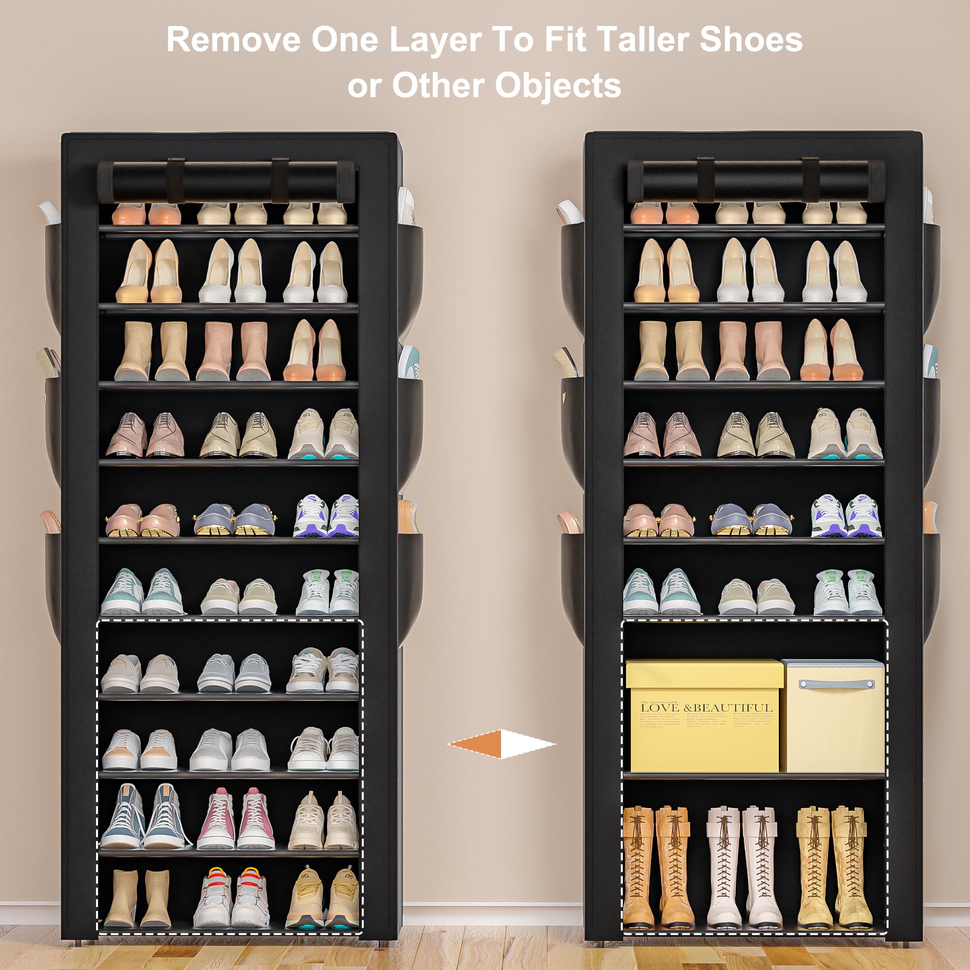 OYREL Large Shoe Rack, Black, 6 Side Pockets, 23.6" Wide x 11.4" Deep x 68.9" Tall, 36-41 Pairs of Shoes