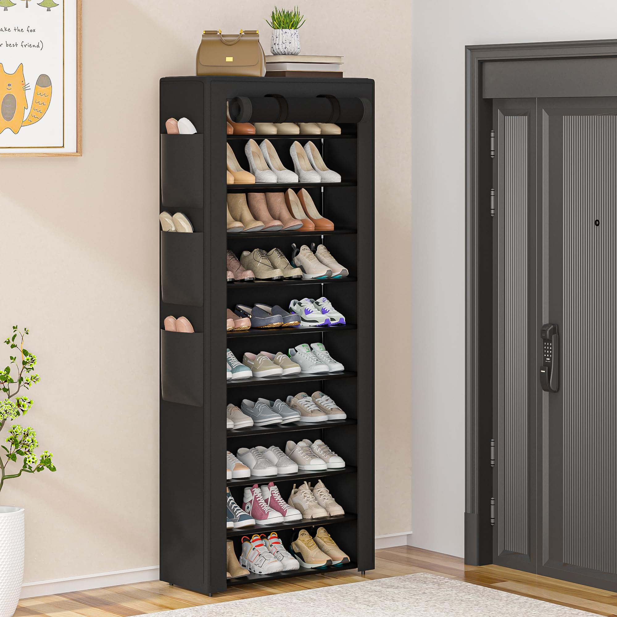 OYREL Large Shoe Rack, Black, 6 Side Pockets, 23.6" Wide x 11.4" Deep x 68.9" Tall, 36-41 Pairs of Shoes