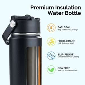 Kerilyn 24oz Stainless Steel Insulated Water Bottle, Double Wall Vacuum, Leak Proof with Silicone Straw, Wide Mouth, BPA Free, Copper Lined, Keep Cold 24h Hot 12h, Black