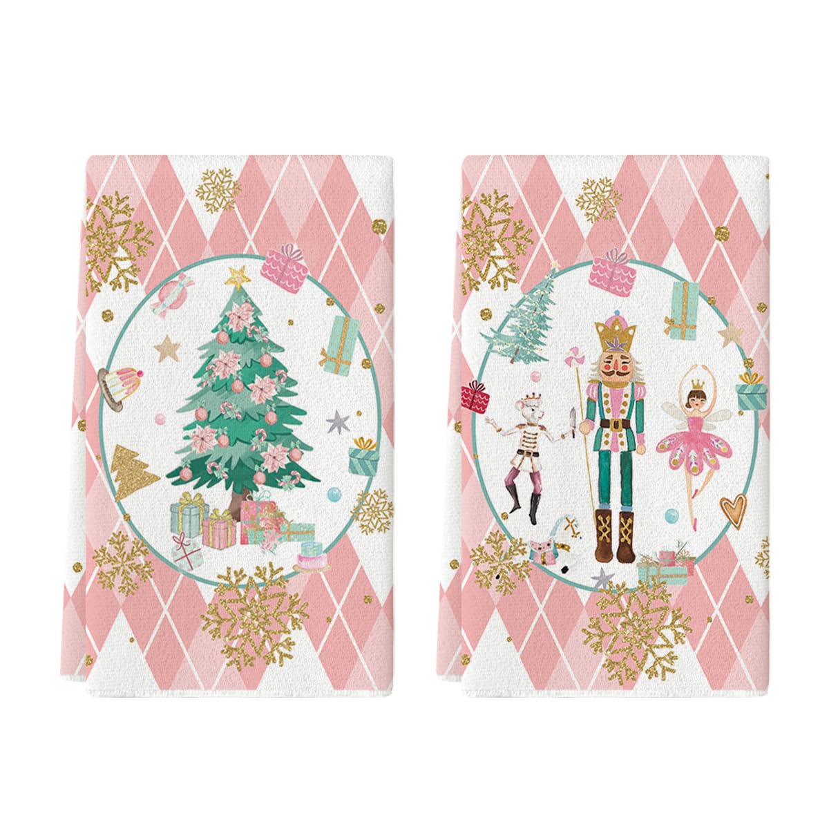 Artoid Mode Pink Nutcrackers Tree Christmas Kitchen Towels Dish Towels, 18x26 Inch Seasonal Winter Xmas Decoration Hand Towels Set of 2