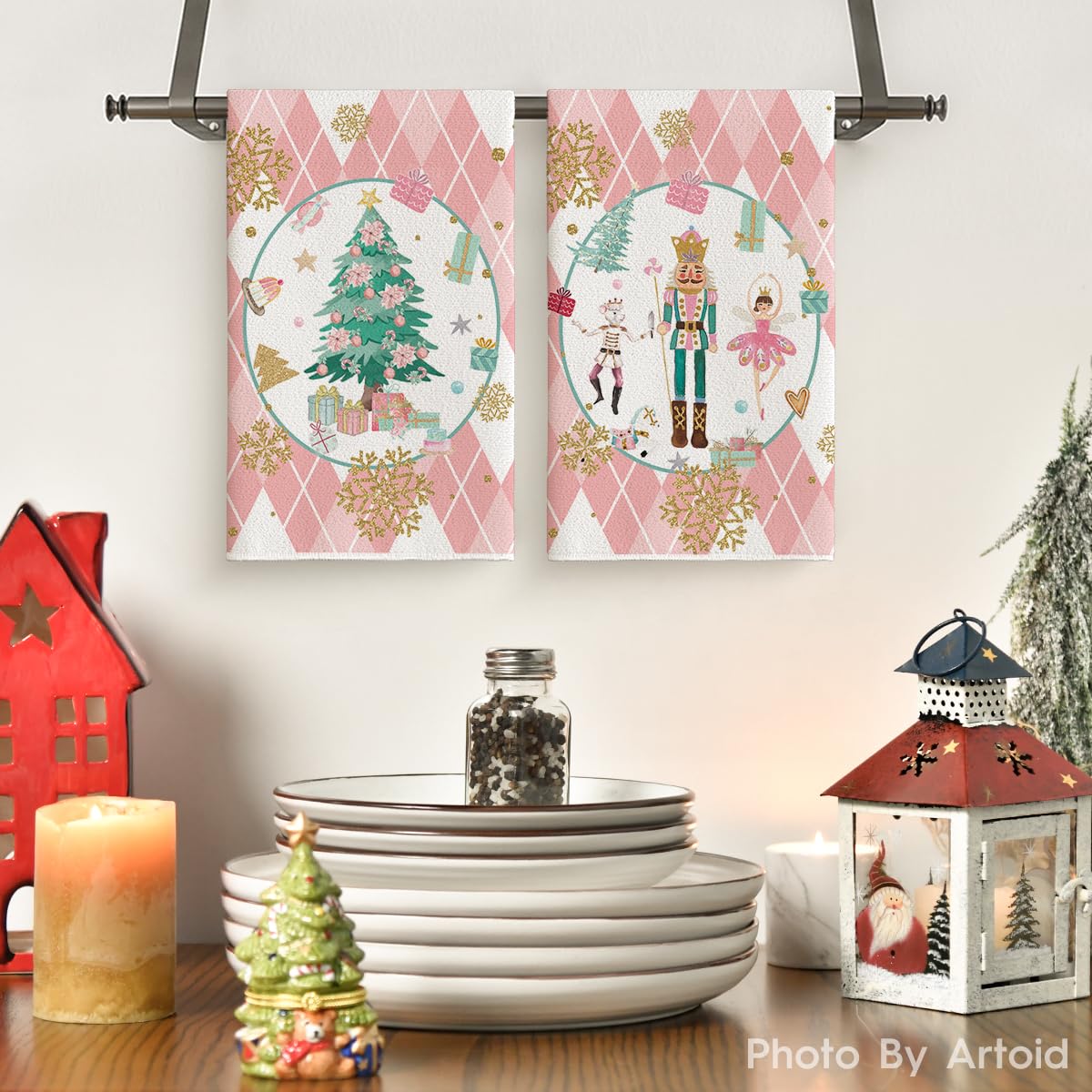 Artoid Mode Pink Nutcrackers Tree Christmas Kitchen Towels Dish Towels, 18x26 Inch Seasonal Winter Xmas Decoration Hand Towels Set of 2