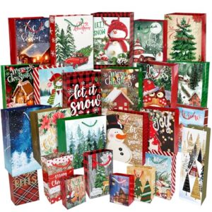 Party Funny 24 Christmas Gift Paper Bags Bulk with handles and 60 Count Christmas Gift Tags-Assorted sizes set for Wrapping Xmas Holiday Presents(6 Jumbo,6 Large,6 Medium,4 Small,2 Wine)