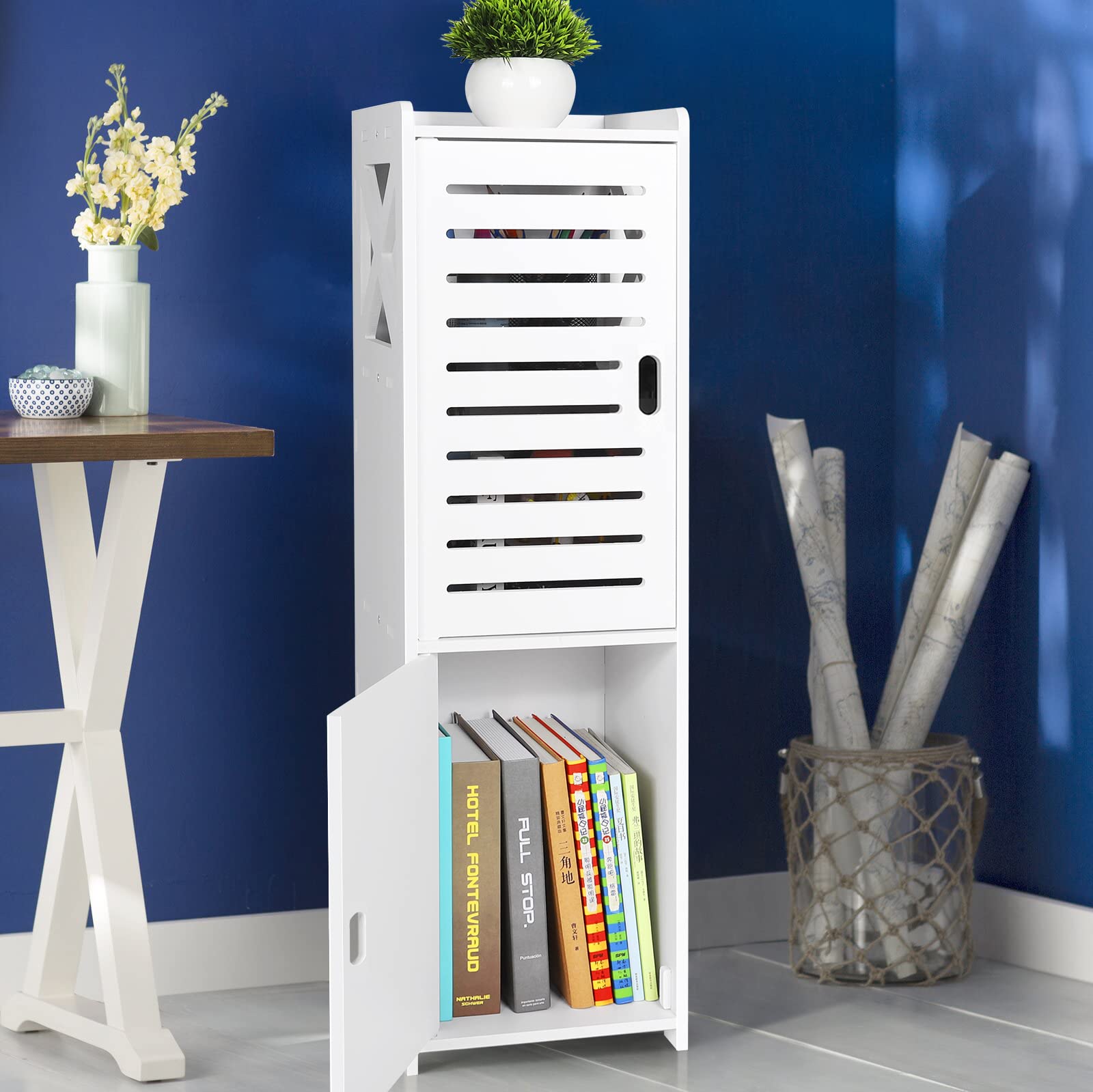 Bathroom Floor Cabinet Freestanding Double Door 3-Tier Side Storage Organizer Cabinet Unit, Multipurpose Waterproof Small Storage Cabinet for Bathroom, Bedroom, Office, White