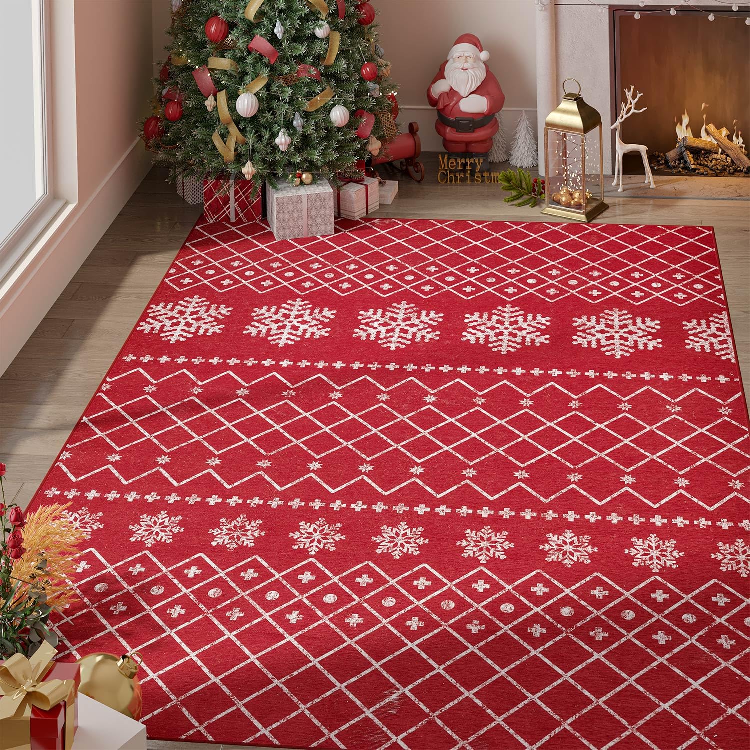 jinchan Christmas Area Rug 5x7 Red Rug Xmas Snowflake Modern Rug Kitchen Rug Washable Rug Non Slip Moroccan Carpet Holiday Decor Geometric Soft Accent Rug for Bathroom Bedroom Dining Room Living Room