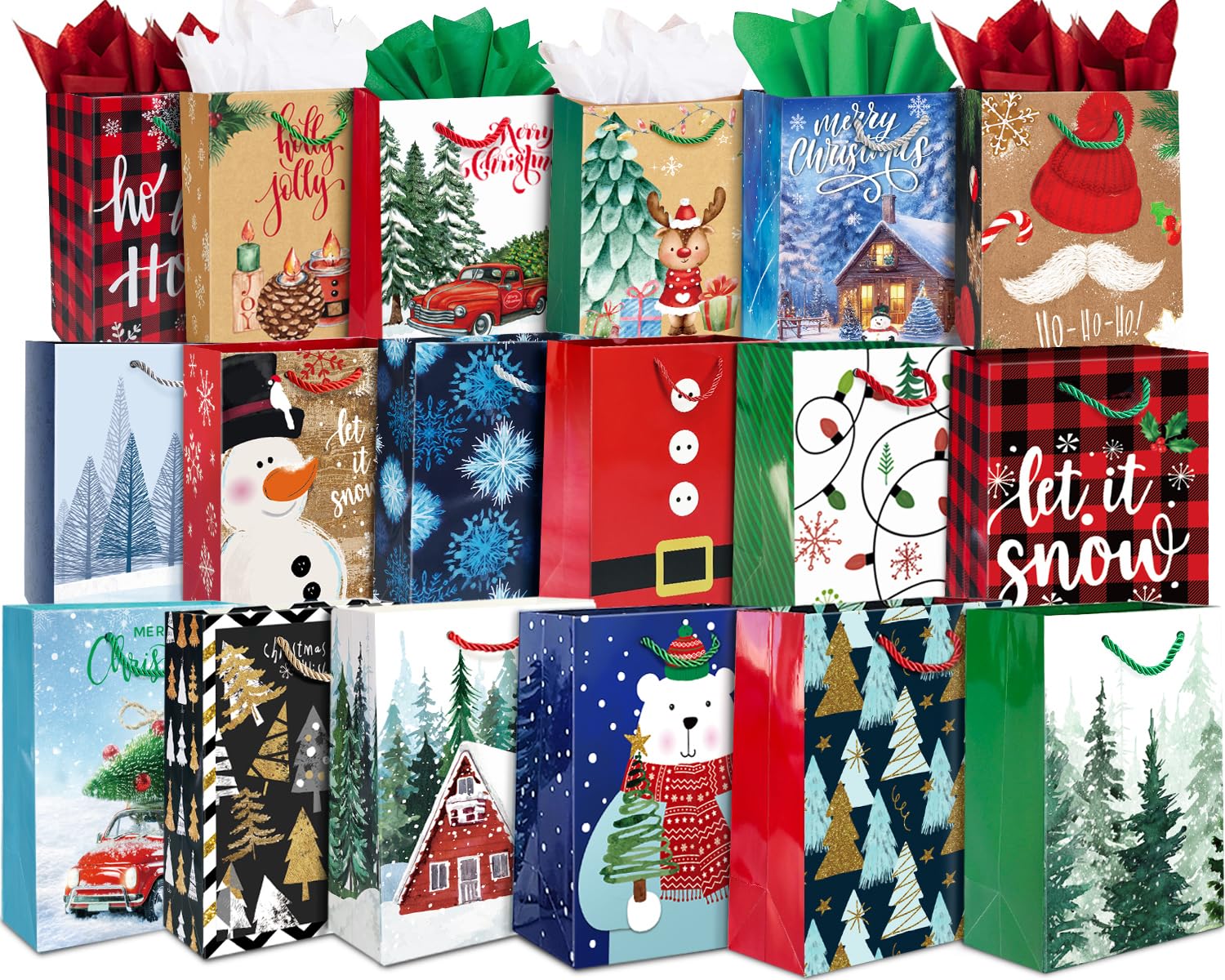 24 Small Christmas Gift Bags Bulk With Handles, 26 Tissue Paper and 60 Count Christmas Gift Tags Set-24 Assorted Designs Little Size Sacks Set For Wrapping Xmas Holiday Presents