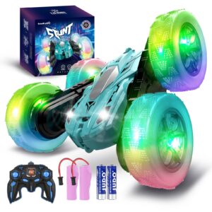 traverse star remote control car 360° rotating rc cars, 2.4ghz double side rc stunt car with wheel lights headlights, rc race car toys for boys girls age 8-12 christmas birthday gift(cyan)