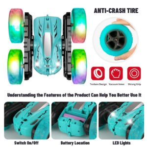 Traverse Star Remote Control Car 360° Rotating RC Cars, 2.4Ghz Double Side RC Stunt Car with Wheel Lights Headlights, RC Race Car Toys for Boys Girls Age 8-12 Christmas Birthday Gift(Cyan)