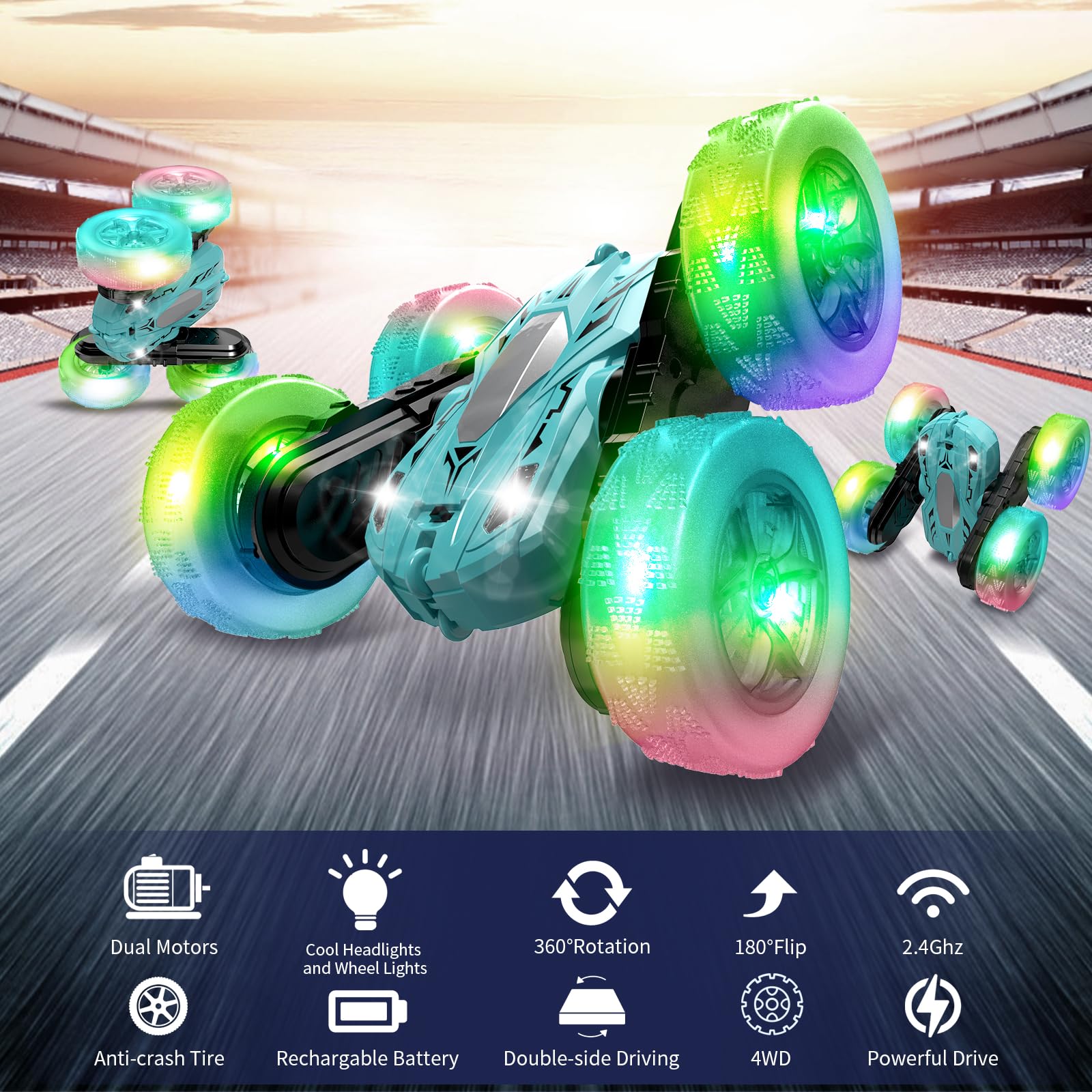 Traverse Star Remote Control Car 360° Rotating RC Cars, 2.4Ghz Double Side RC Stunt Car with Wheel Lights Headlights, RC Race Car Toys for Boys Girls Age 8-12 Christmas Birthday Gift(Cyan)