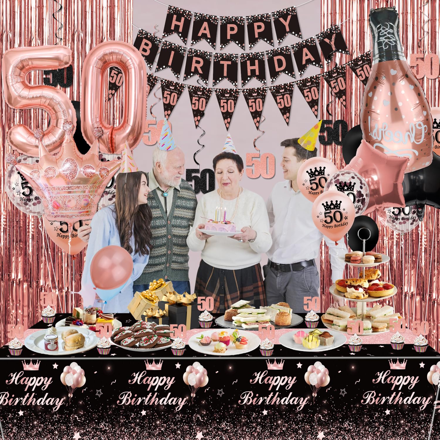 50th Black and Rose Gold Party Decorations - Happy Birthday Banner, Pennant, Birthday Balloons, Fringe Curtains, Tablecloth, Cake Topper, Hanging Swirls 50th Birthday Decorations for Women Princess