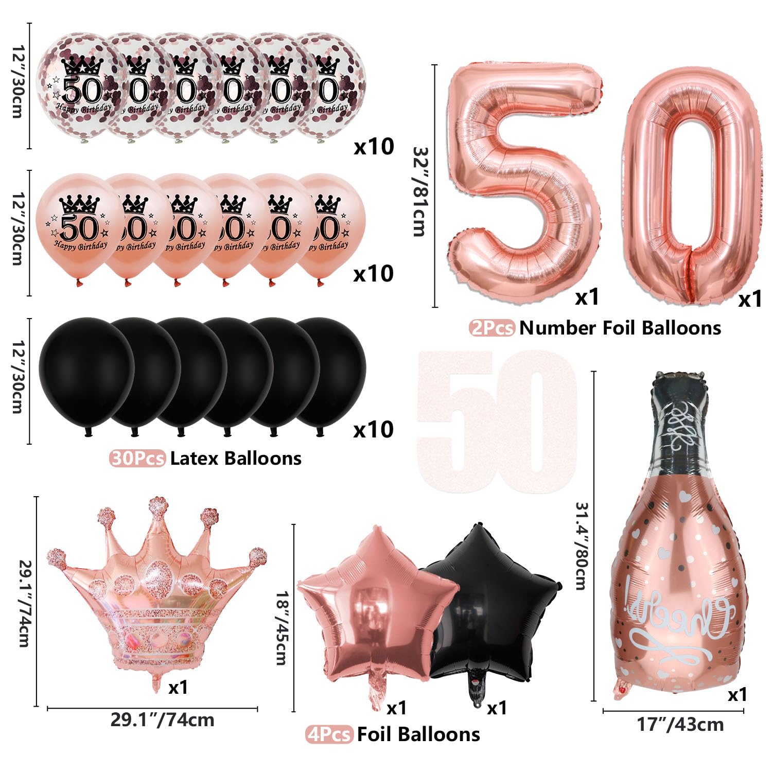 50th Black and Rose Gold Party Decorations - Happy Birthday Banner, Pennant, Birthday Balloons, Fringe Curtains, Tablecloth, Cake Topper, Hanging Swirls 50th Birthday Decorations for Women Princess