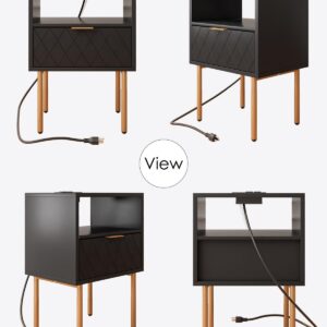 Aobafuir Nightstand with Charging Station, Drawer Dresser for Bedroom, Small Side Table with Drawer, Night Stand, End Table with Gold Frame for Bedroom, Living Room, Diamond Black