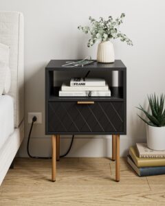 aobafuir nightstand with charging station, drawer dresser for bedroom, small side table with drawer, night stand, end table with gold frame for bedroom, living room, diamond black