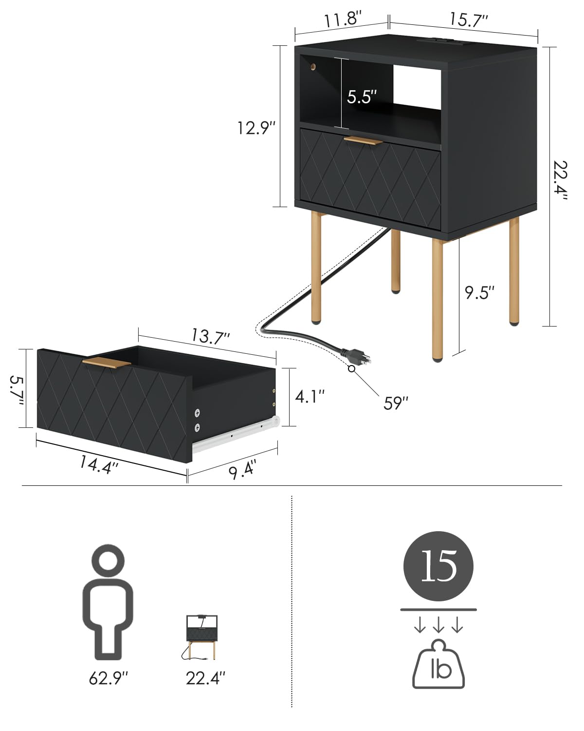 Aobafuir Nightstand with Charging Station, Drawer Dresser for Bedroom, Small Side Table with Drawer, Night Stand, End Table with Gold Frame for Bedroom, Living Room, Diamond Black