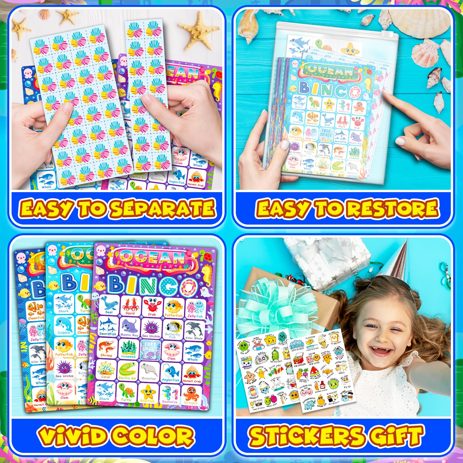 YTSQLER Ocean Bingo Game 24 Players Ocean Animals Bingo Game for Kids Bingo, Under The Sea Party Bingo Games for Family Classroom Activity Ocean Party Supplies