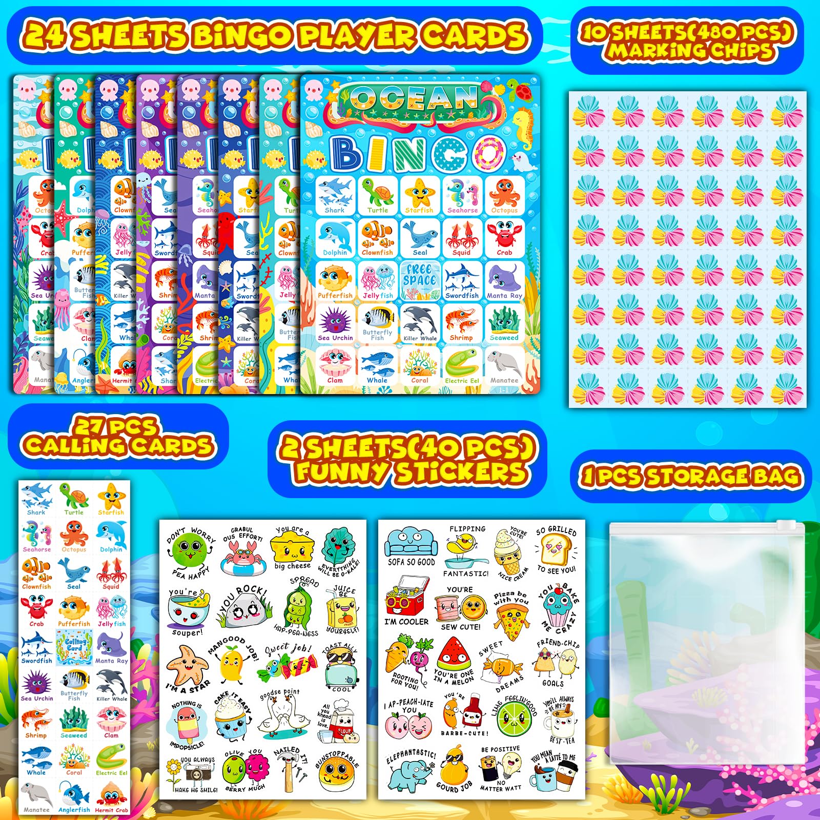 YTSQLER Ocean Bingo Game 24 Players Ocean Animals Bingo Game for Kids Bingo, Under The Sea Party Bingo Games for Family Classroom Activity Ocean Party Supplies