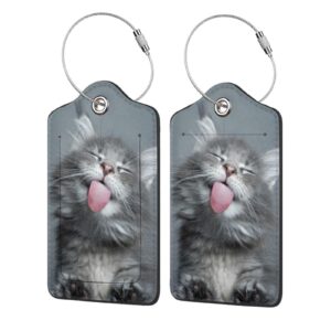 2 Pack Cat Luggage Tag, Cute Backpack Tags for Kids, Gray Travel Bag Tags for Luggage Suitcase Identifiers with Loop Privacy Cover Funny ID Label