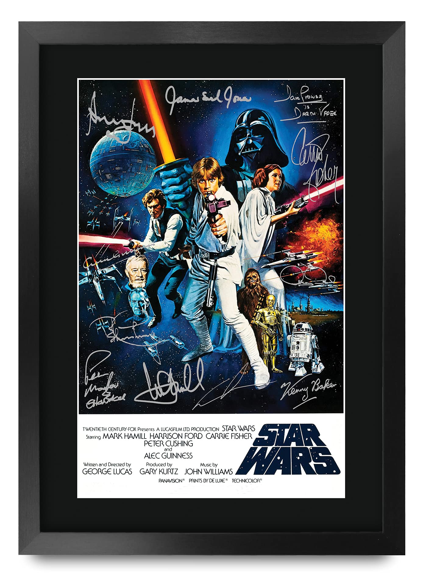 HWC Trading Star Wars a New Hope Movie Poster Cast Signed 16" x 12" Framed Gift Printed Autograph Film Mark Hamill Harrison Ford Carrie Fisher Alec Guinness George Lucas Print Photo Picture Display -