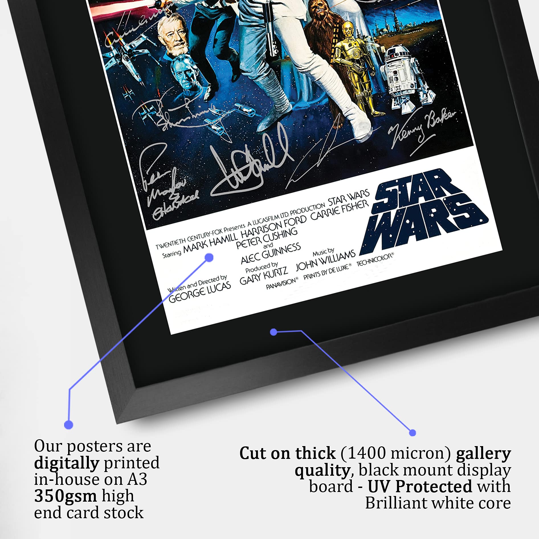 HWC Trading Star Wars a New Hope Movie Poster Cast Signed 16" x 12" Framed Gift Printed Autograph Film Mark Hamill Harrison Ford Carrie Fisher Alec Guinness George Lucas Print Photo Picture Display -