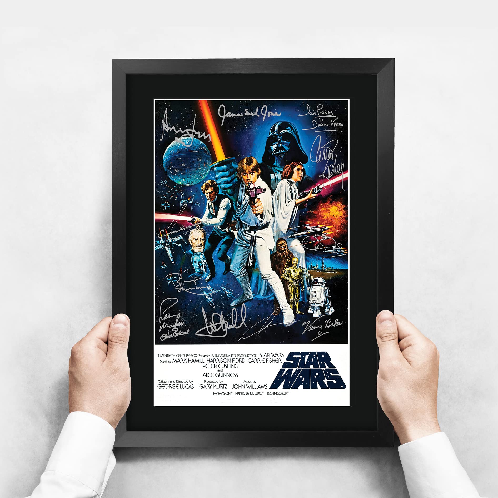 HWC Trading Star Wars a New Hope Movie Poster Cast Signed 16" x 12" Framed Gift Printed Autograph Film Mark Hamill Harrison Ford Carrie Fisher Alec Guinness George Lucas Print Photo Picture Display -