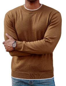 pj paul jones mens casual crew neck sweater long sleeve knitted sweater solid color wool knitted sweater brown m