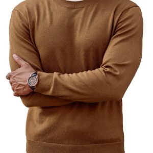 PJ PAUL JONES Mens Casual Crew Neck Sweater Long Sleeve Knitted Sweater Solid Color Wool Knitted Sweater Brown M