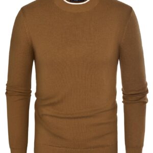 PJ PAUL JONES Mens Casual Crew Neck Sweater Long Sleeve Knitted Sweater Solid Color Wool Knitted Sweater Brown M