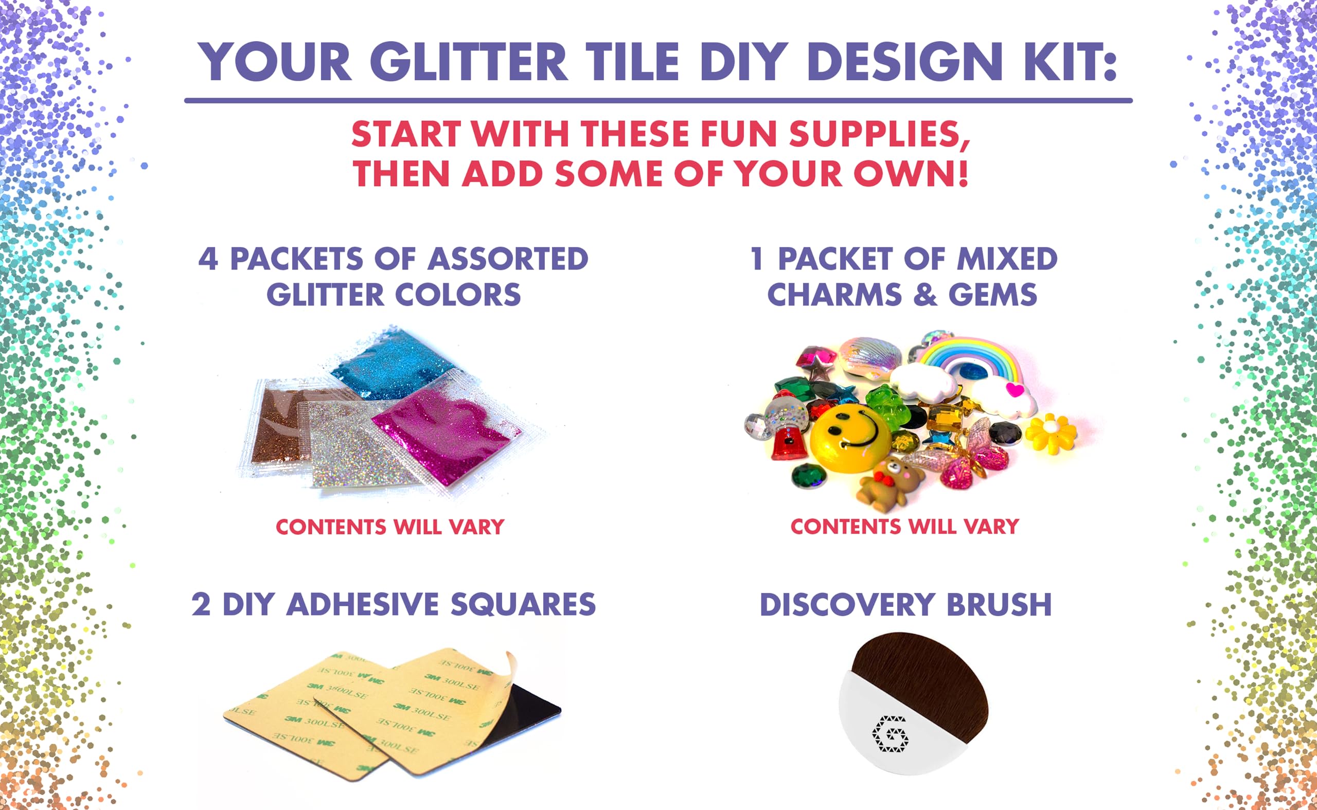 Genius Gems Glitter Tiles DIY Design Kit - Includes 2 Adhesive Squares, 1 Packet of Mixed Charms, Glitters, and Brush - Sticks to Magnetic Tiles!