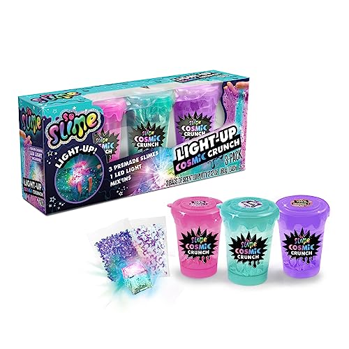 So Slime Light-Up Cosmic Crunch 3pk; Slime Activated Light will Glow and Change Colors; Illuminated Slime; Included 3 Premade Slimes with Reusable Containers, Confetti Decorations, and an LED light