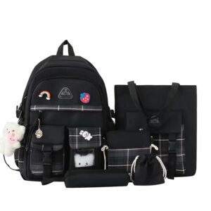 5 pcs Cute Aesthetic Backpack Set with Pins and Pendant Large Kawaii Japanese Style College Laptop Bookbag Preppy Backpack (Black,One Size)