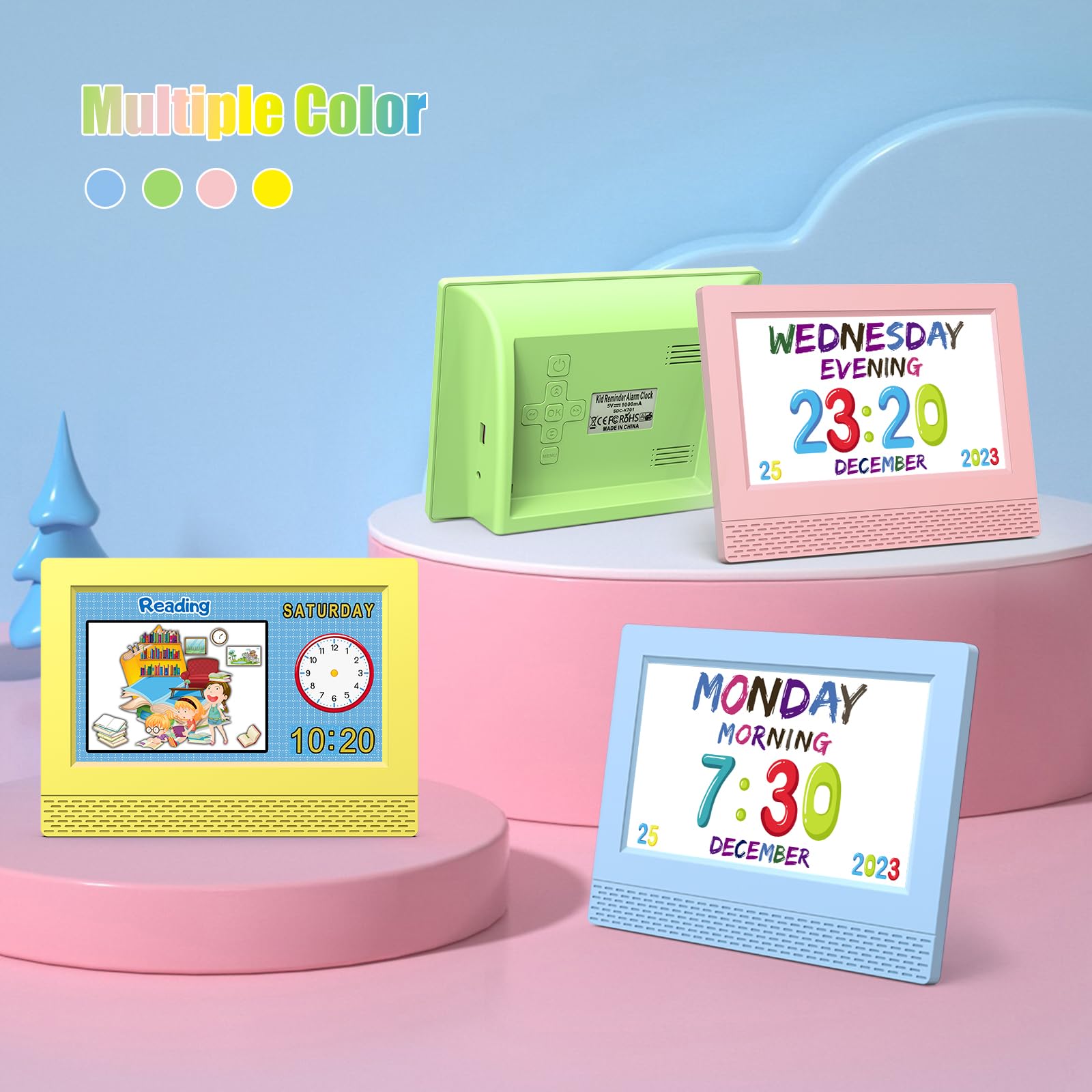 Kids Digital Alarm Clock Colorful, 7" Large LED Time Display Children's Sleep Trainer, Eye-Caring Digital Clock for Girls Boys Bedrooms Bedside, 17 Alarm Clock Settings Easy to Use Kids Birthday Gift