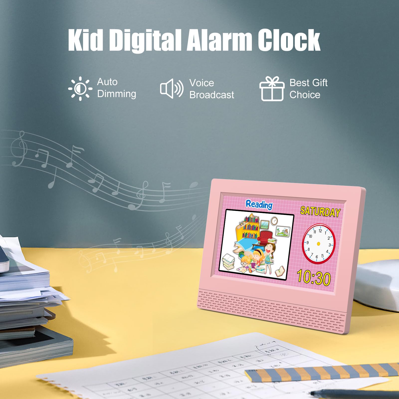 Kids Digital Alarm Clock Colorful, 7" Large LED Time Display Children's Sleep Trainer, Eye-Caring Digital Clock for Girls Boys Bedrooms Bedside, 17 Alarm Clock Settings Easy to Use Kids Birthday Gift