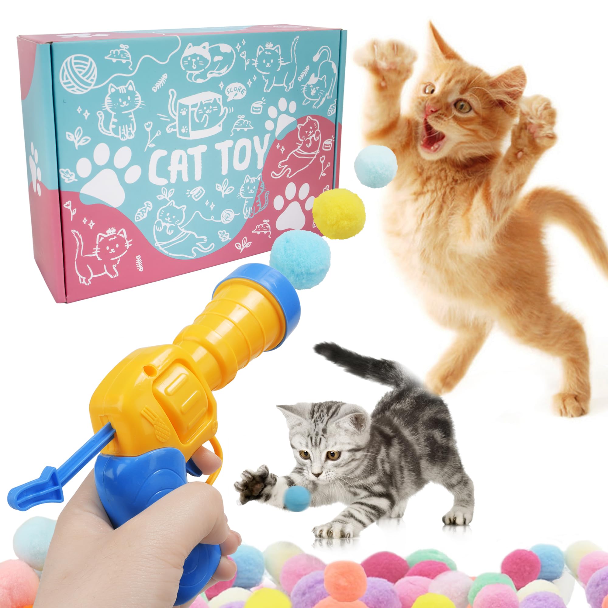 Mewlmart Cat Toys Interactive for Indoor Cats Kitty Toys Cat Toys for Indoor Cats Self Play Cat Ball Toy Pom Pom Balls Plush Ball Launcher for Cats Puff Balls Cat Enrichment Toys 30 Balls