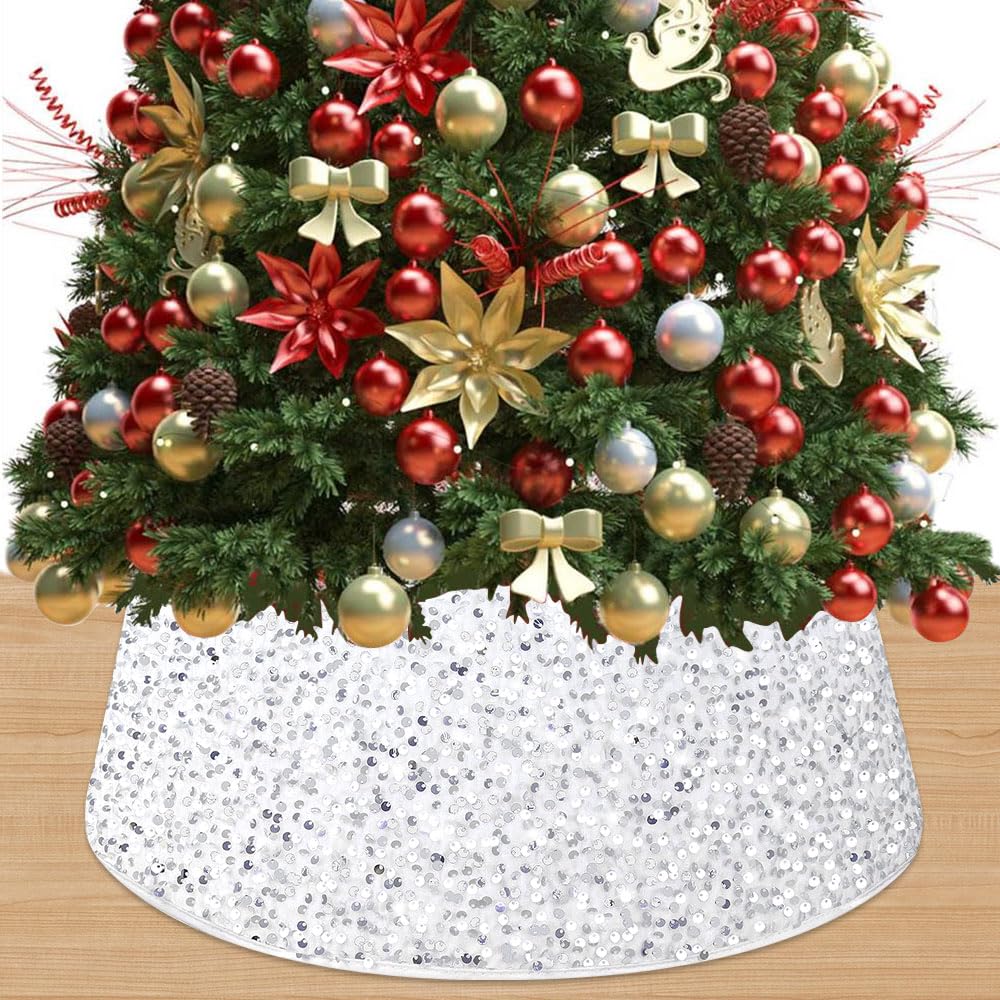 FUHSY Sequin Christmas Tree Collar White Christmas Tree Skirt 23.6 Inch Diameter Round Glittery Sequin Tree Skirts Velvet Xmas Tree Ring Box Christmas Santa Tree Stand Base Cover for Winter Holiday