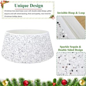 FUHSY Sequin Christmas Tree Collar White Christmas Tree Skirt 23.6 Inch Diameter Round Glittery Sequin Tree Skirts Velvet Xmas Tree Ring Box Christmas Santa Tree Stand Base Cover for Winter Holiday